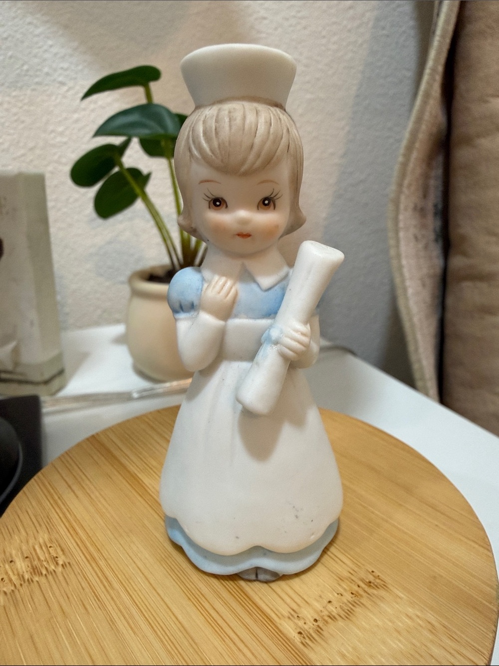 Porcelain Nurse Figurine in White and Light Blue 31/2 inches tall